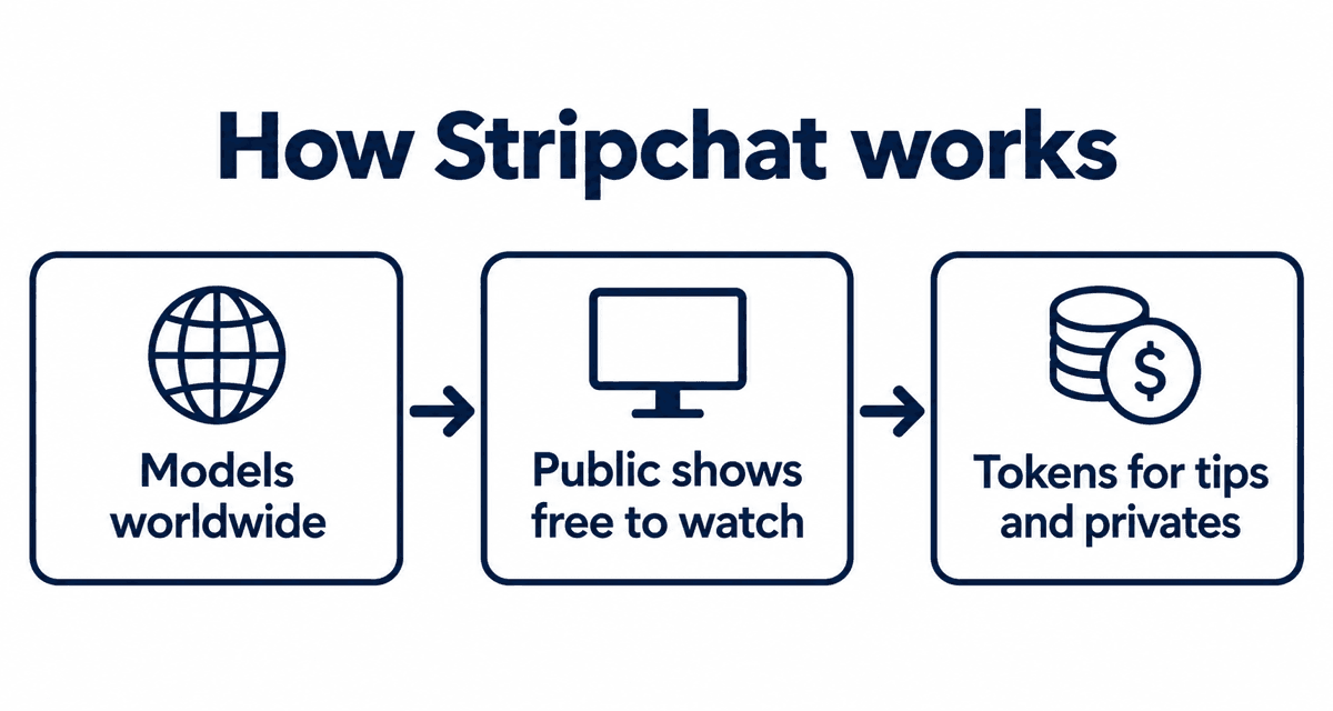 How Stripchat works: Models worldwide, Public shows free to watch, Tokens for tips and private shows