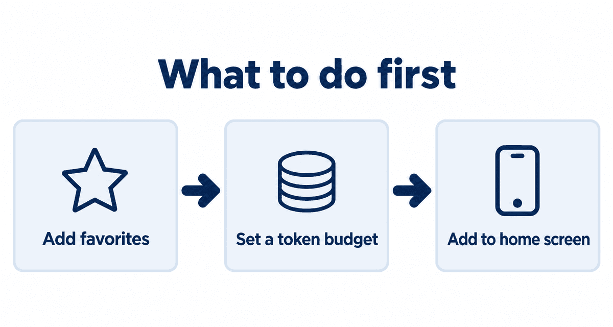 What to do first: Add favorites, Set a token budget, Add to home screen