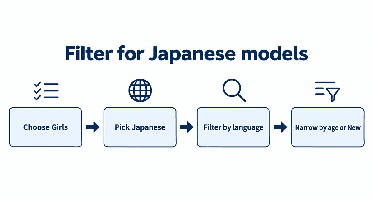 Filter for Japanese models: Choose Girls, Pick Japanese, Filter by language, Narrow by age or New