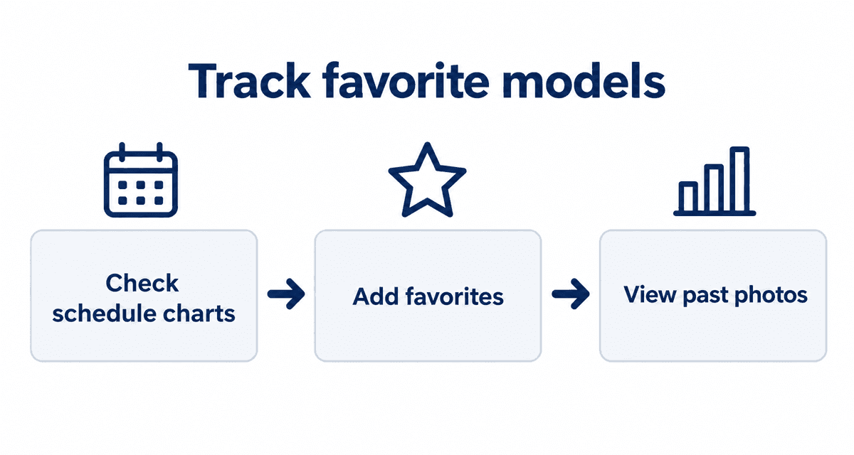 Track favorite models: Check schedule charts, Add favorites, View past photos