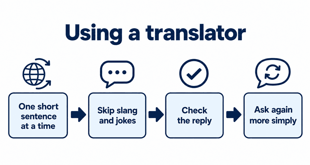 Using a translator: One short sentence at a time, Skip slang and jokes, Check the reply, Ask again more simply