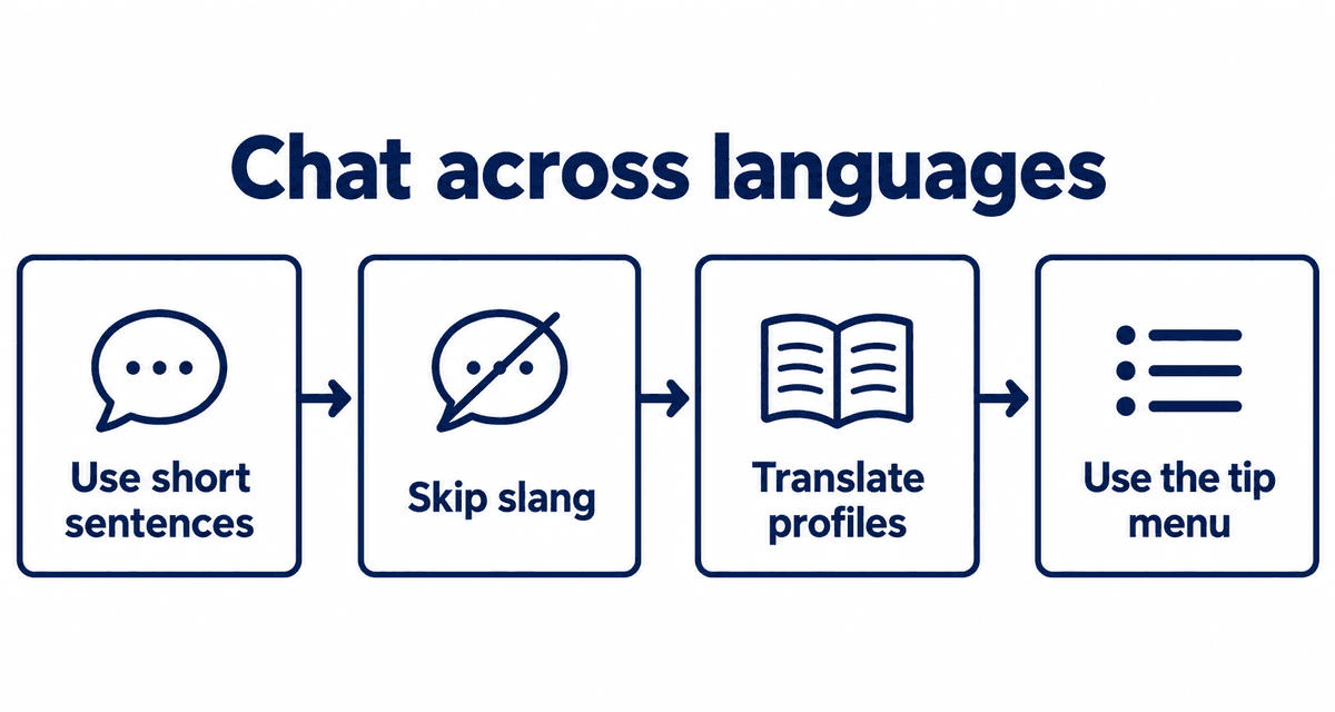 Chat across languages: Use short sentences, Skip slang, Translate profiles, Use the tip menu