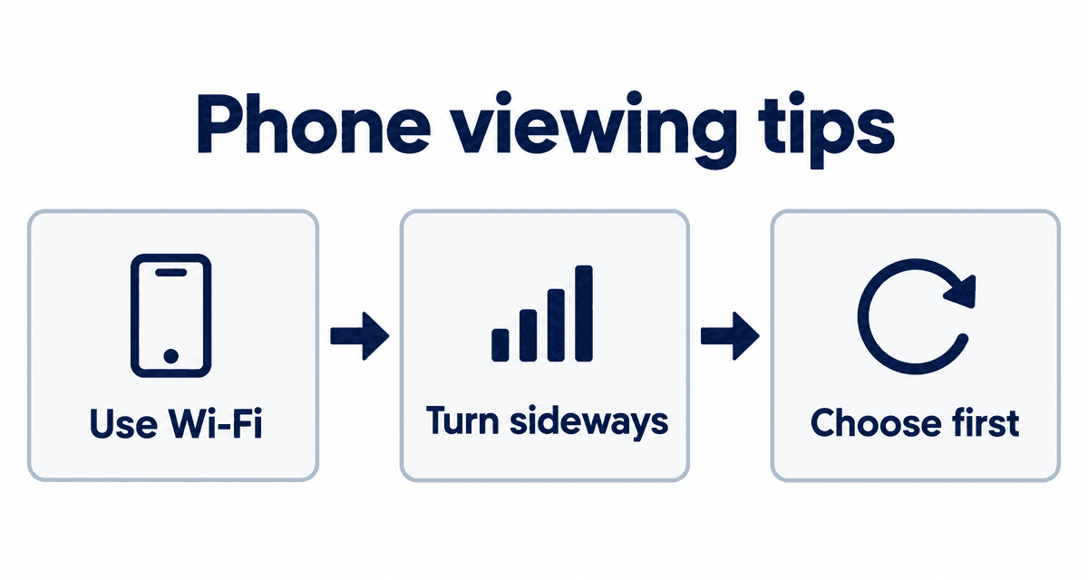 Phone viewing tips: Use Wi-Fi, Turn sideways, Choose first