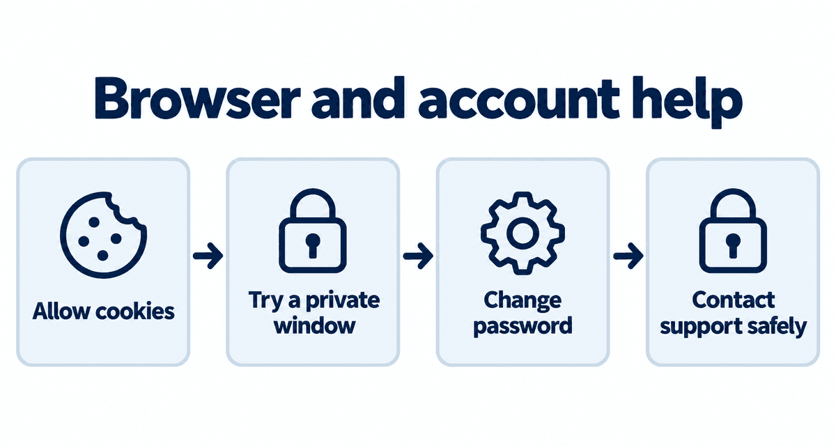 Browser and account help: Allow cookies, Try a private window, Change password, Contact support safely