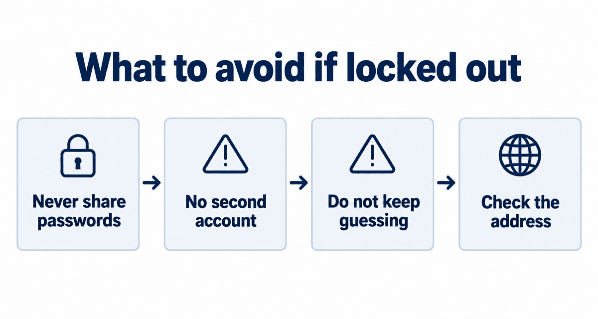 What to avoid if locked out: Never share passwords, No second account, Do not keep guessing, Check the address