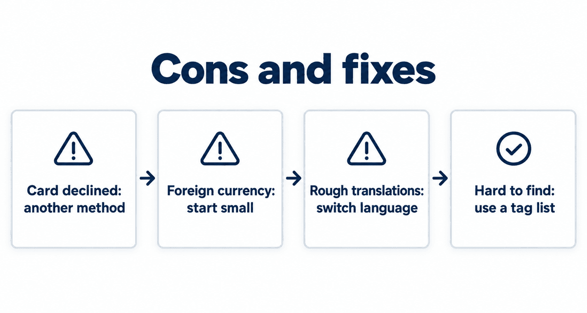 Cons and fixes: Card declined: another method, Foreign currency: start small, Rough translations: switch language, Hard to find: use a tag list