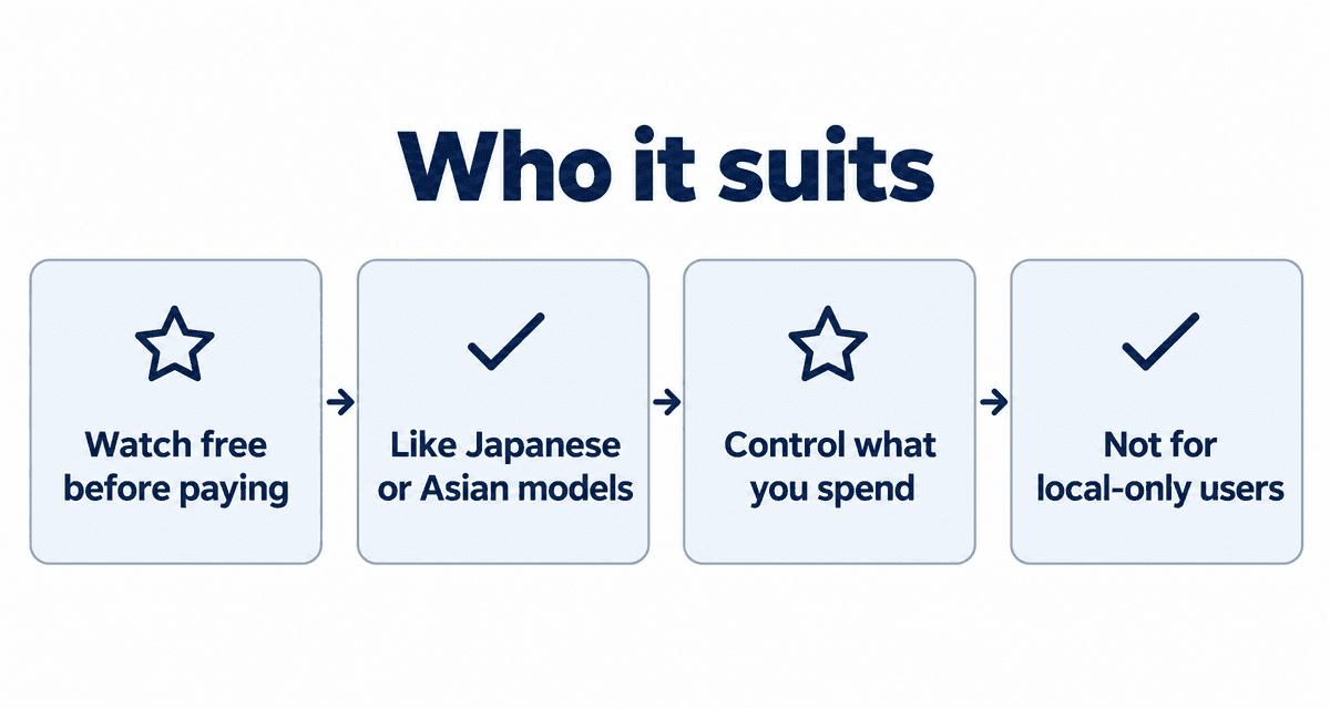 Who it suits: Watch free before paying, Like Japanese or Asian models, Control what you spend, Not for local-only users
