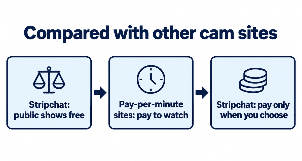 Compared with other cam sites: Stripchat: public shows free, Pay-per-minute sites: pay to watch, Stripchat: pay only when you choose
