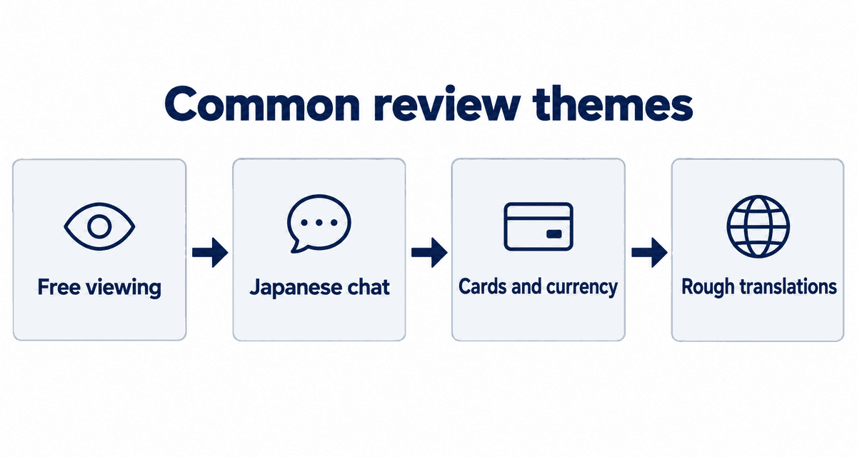 Common review themes: Free viewing, Japanese chat, Cards and currency, Rough translations