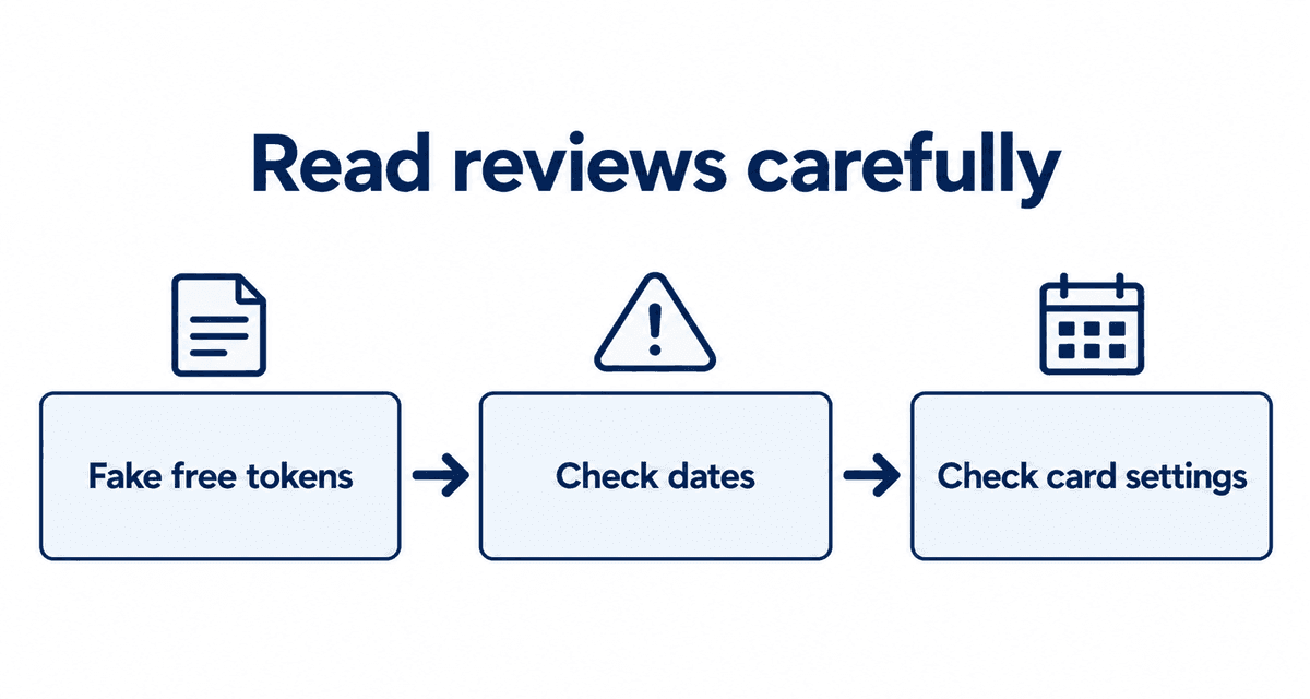 Read reviews carefully: Fake free tokens, Check dates, Check card settings