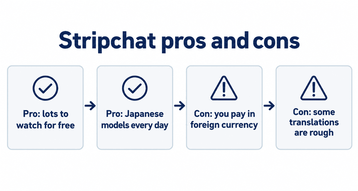 Stripchat pros (lots to watch free, Japanese models every day) and cons (you pay in foreign currency, some rough translations)