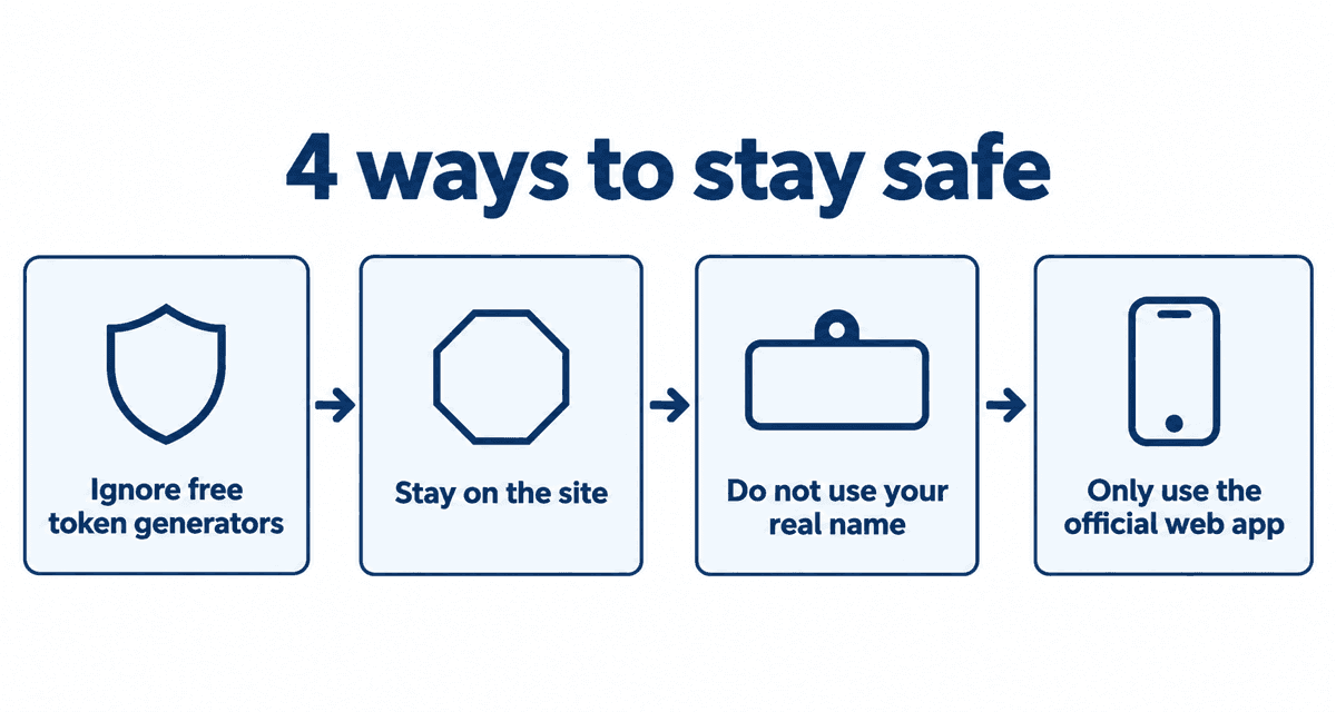Four ways to stay safe on Stripchat: ignore free token generators, stay on the site, do not use your real name, only use the official web app