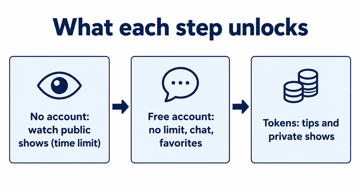 What you can do on Stripchat with no account, a free account, and tokens