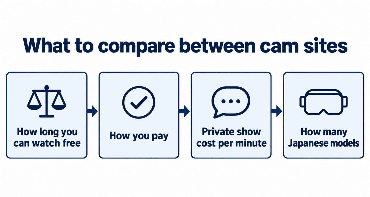 What to compare between cam sites: how long you can watch free, how you pay, private show cost per minute, how many Japanese models