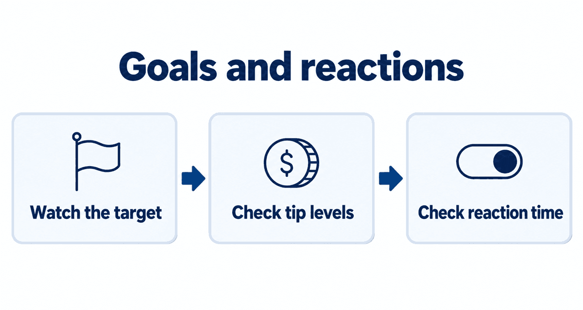 Goals and reactions: Watch the target, Check tip levels, Check reaction time