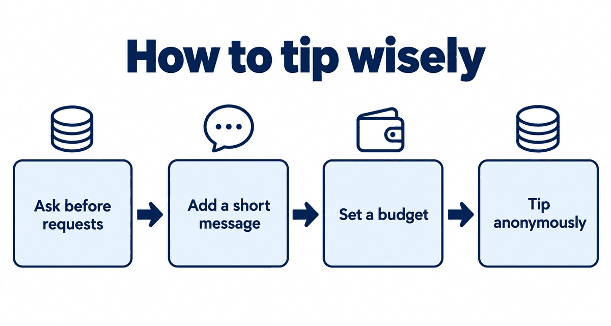 How to tip wisely: Ask before requests, Add a short message, Set a budget, Tip anonymously