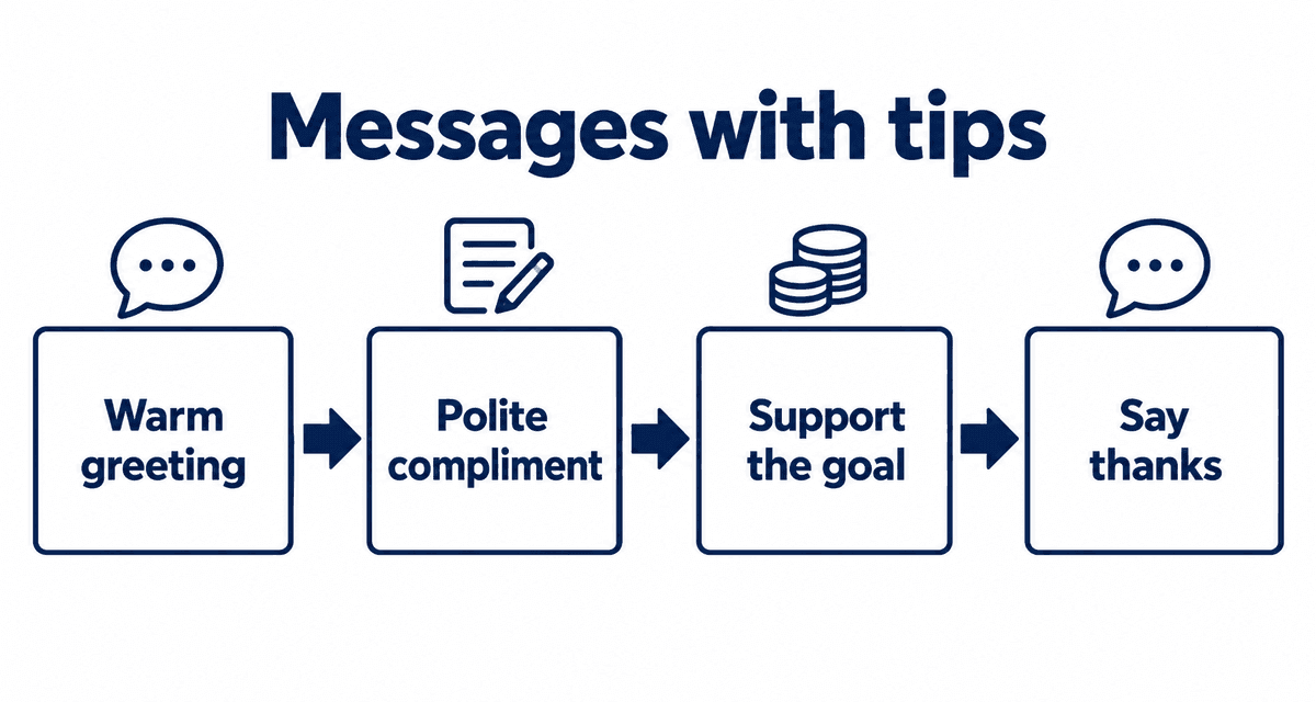 Messages with tips: Warm greeting, Polite compliment, Support the goal, Say thanks