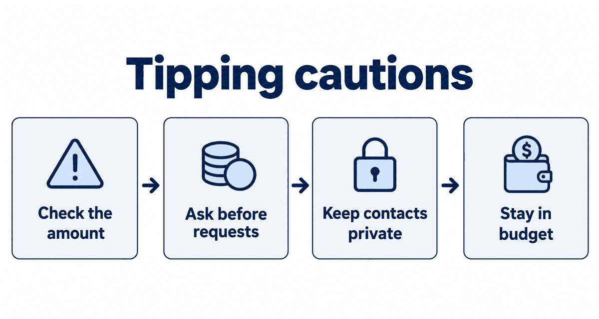 Tipping cautions: Check the amount, Ask before requests, Keep contacts private, Stay in budget