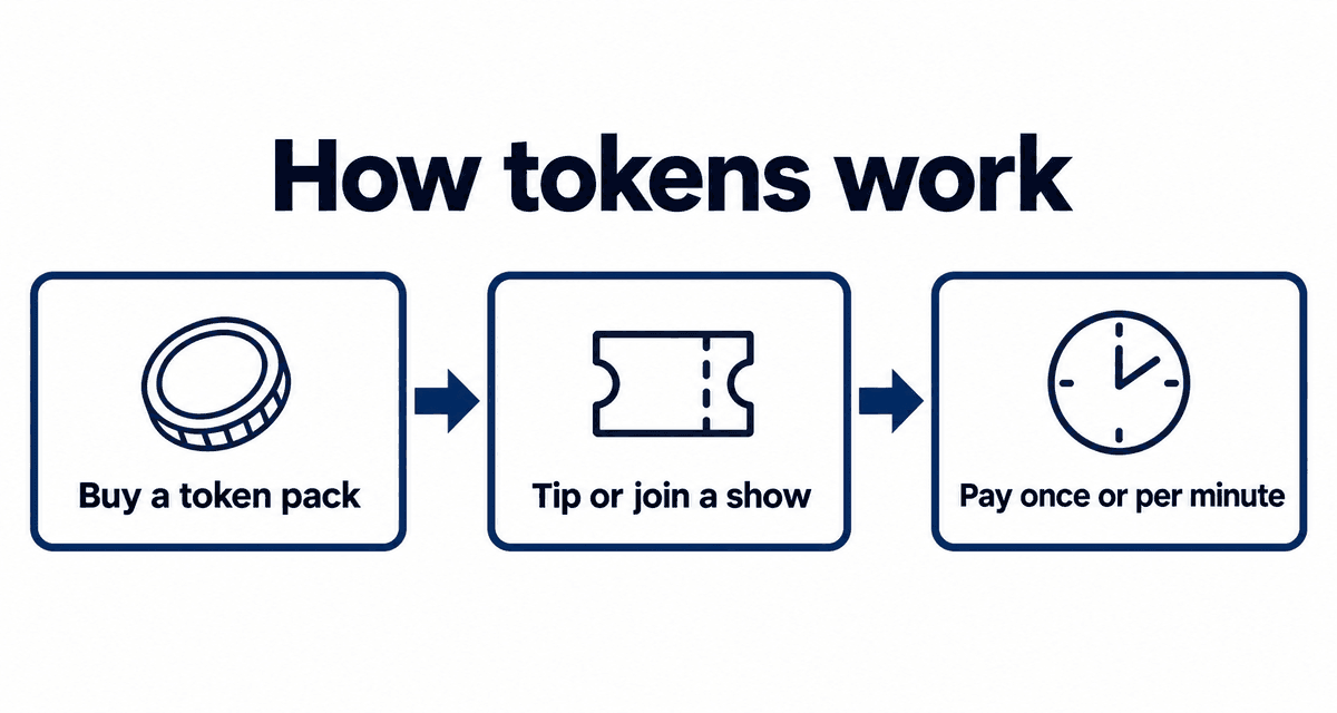 How Stripchat tokens work: buy a token pack, tip or join a show, pay once or per minute