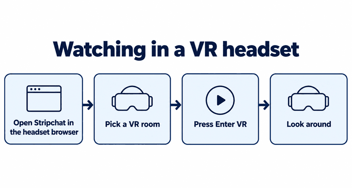 Watching in a VR headset: open Stripchat in the headset browser, pick a VR room, press Enter VR, look around