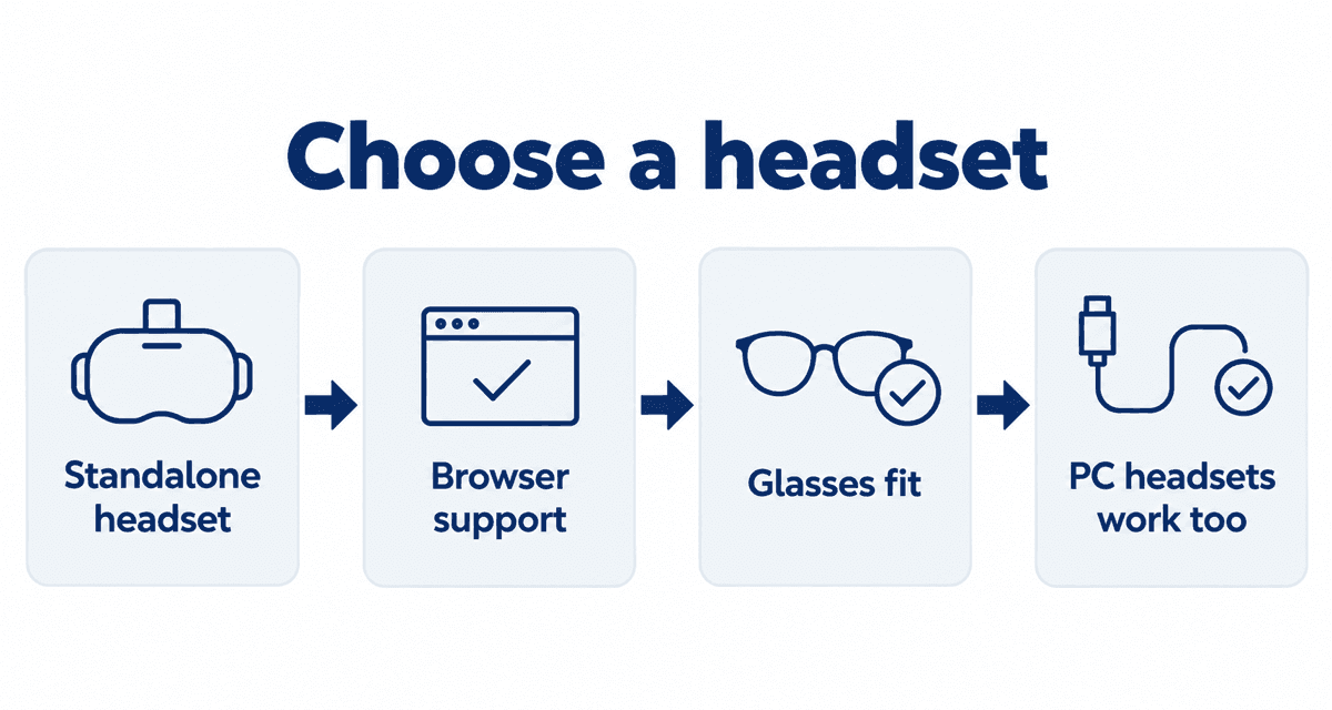 Choose a headset: Standalone headset, Browser support, Glasses fit, PC headsets work too