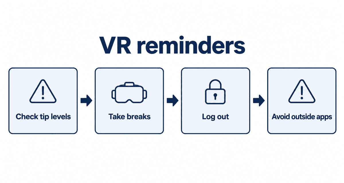 VR reminders: Check tip levels, Take breaks, Log out, Avoid outside apps