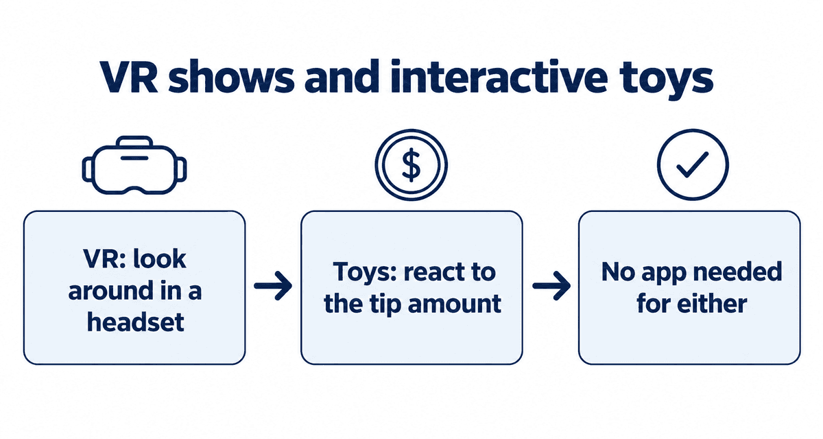 VR shows and interactive toys: VR lets you look around in a headset, toys react to the tip amount, no app needed for either