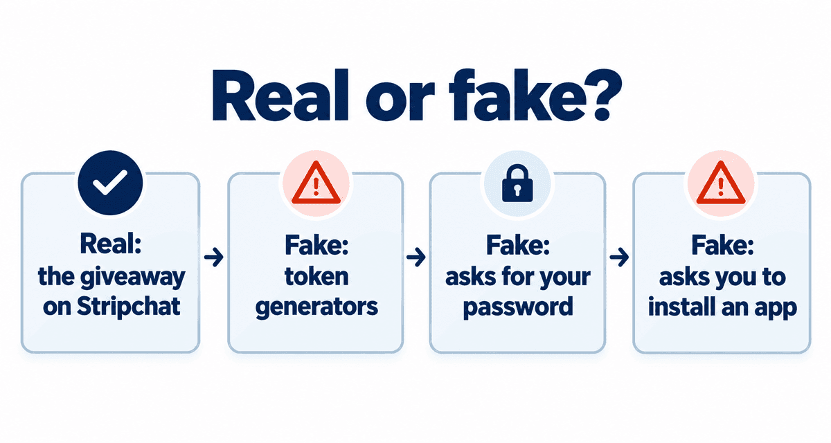 Real or fake?: Real: the giveaway on Stripchat, Fake: token generators, Fake: asks for your password, Fake: asks you to install an app