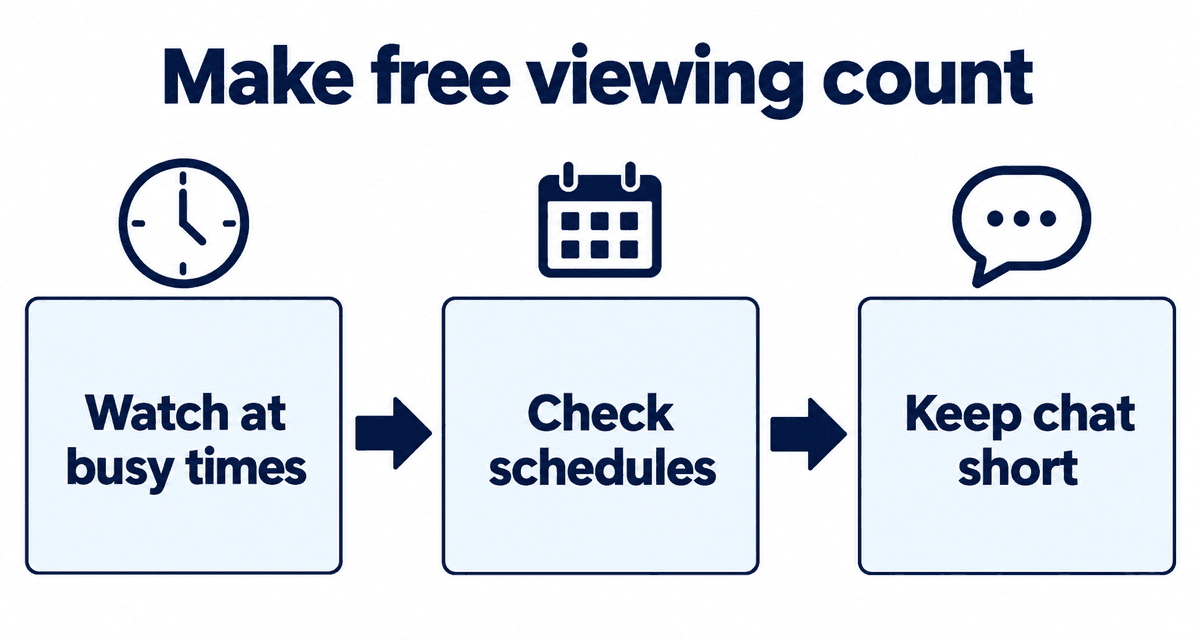 Make free viewing count: Watch at busy times, Check schedules, Keep chat short