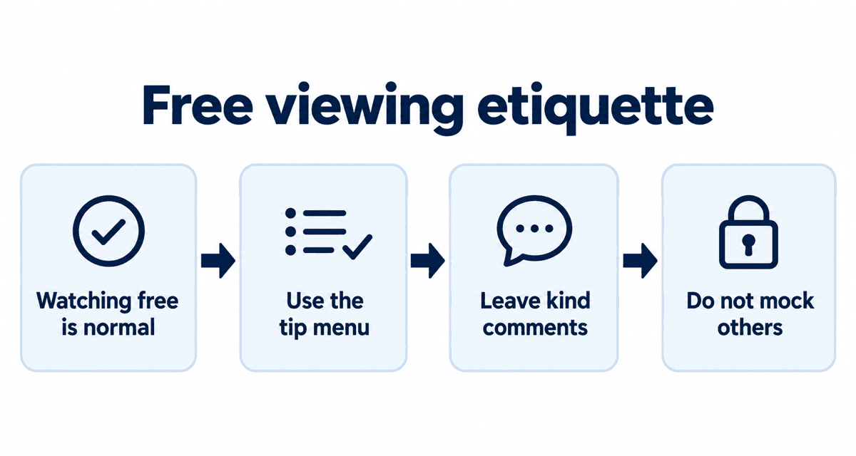 Free viewing etiquette: Watching free is normal, Use the tip menu, Leave kind comments, Do not mock others
