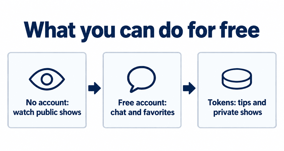 What you can do for free: watch public shows without an account, chat with a free account, use tokens for tips and private shows