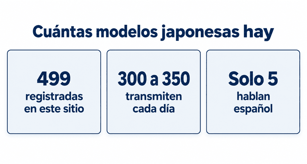 Cuántas modelos japonesas hay: 499 registradas en este sitio, entre 300 y 350 transmiten cada día y solo 5 hablan español
