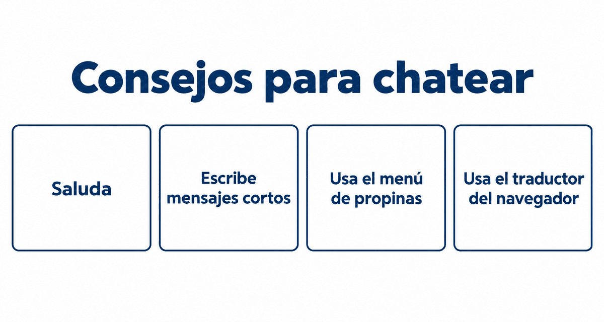 Consejos para chatear: saluda, escribe mensajes cortos, usa el menú de propinas y el traductor del navegador