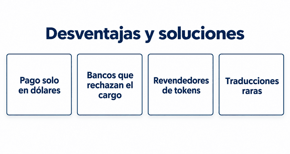 Desventajas y soluciones: pago solo en dólares, bancos que rechazan el cargo, revendedores de tokens y traducciones raras