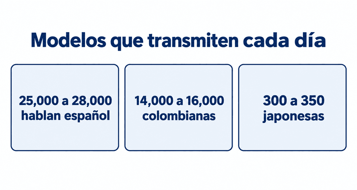 Modelos que transmiten cada día: entre 25,000 y 28,000 que hablan español, entre 14,000 y 16,000 colombianas y entre 300 y 350 japonesas