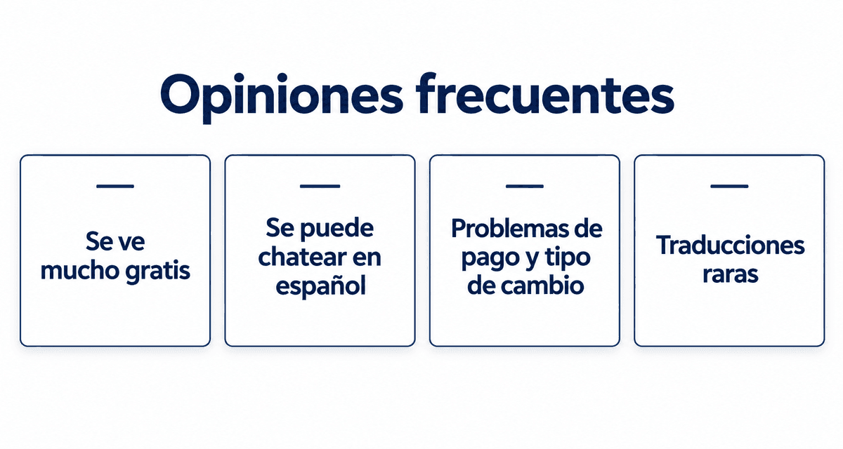 Opiniones frecuentes: se ve mucho gratis, se puede chatear en español, problemas de pago y tipo de cambio, y traducciones raras