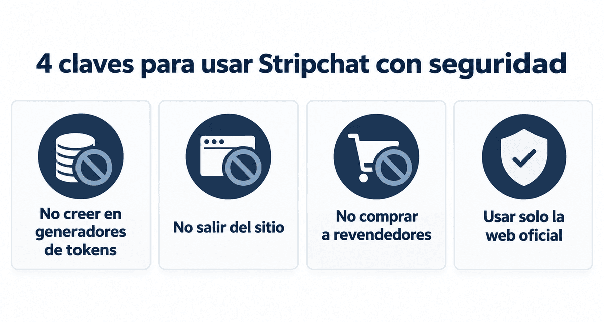 4 claves para usar Stripchat con seguridad: no creer en generadores de tokens, no salir del sitio, no comprar a revendedores y usar solo la web oficial