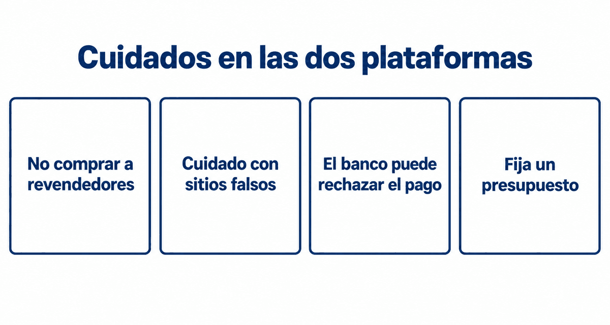 Cuidados en las dos plataformas: no comprar a revendedores, cuidado con sitios falsos, el banco puede rechazar el pago y fija un presupuesto