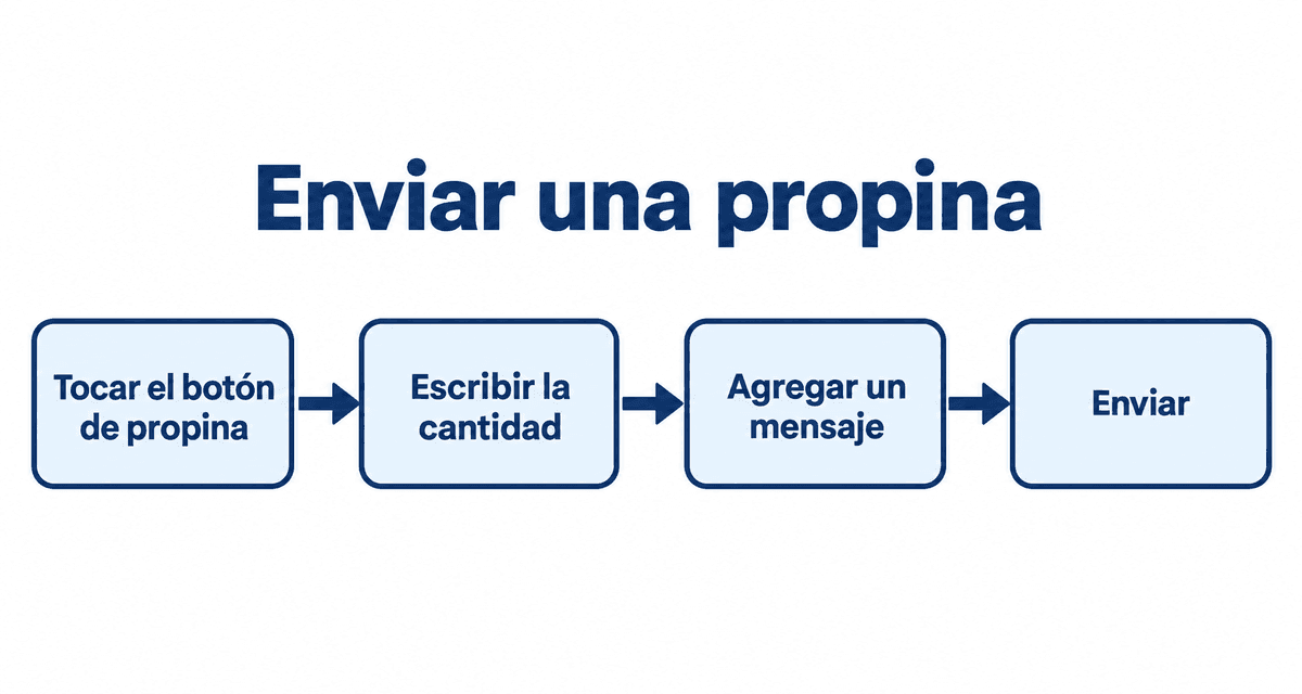 Enviar una propina: tocar el botón de propina, escribir la cantidad, agregar un mensaje y enviar