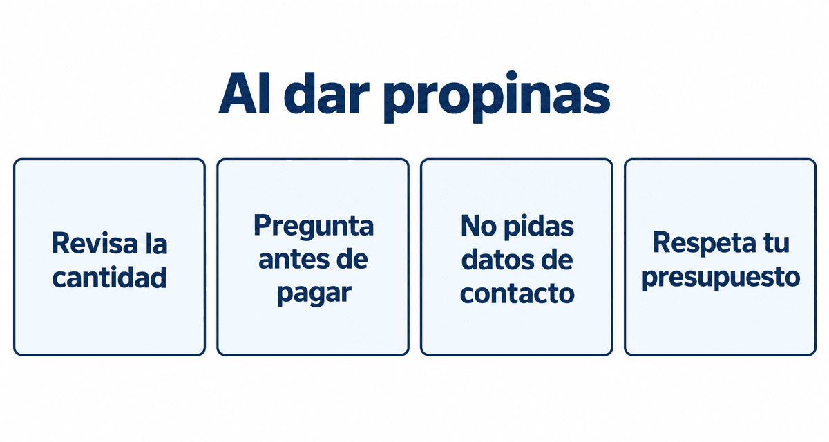 Al dar propinas: revisa la cantidad, pregunta antes de pagar, no pidas datos de contacto y respeta tu presupuesto