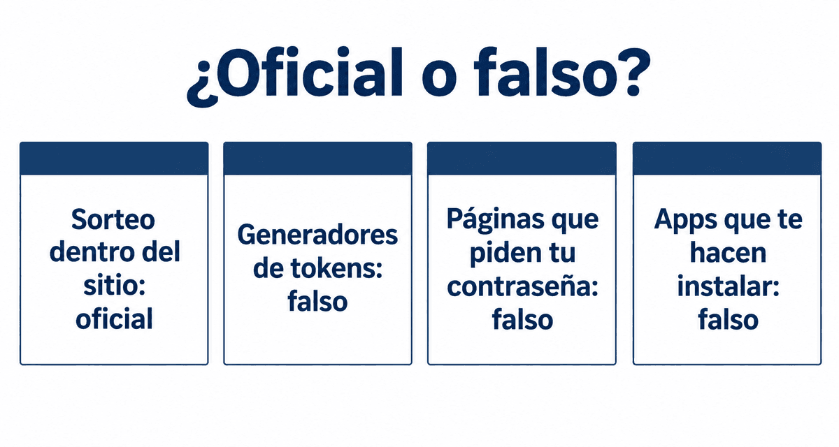 Verdadero o falso: el sorteo dentro del sitio es oficial; los generadores, las páginas que piden tu contraseña y las apps que te hacen instalar son falsos