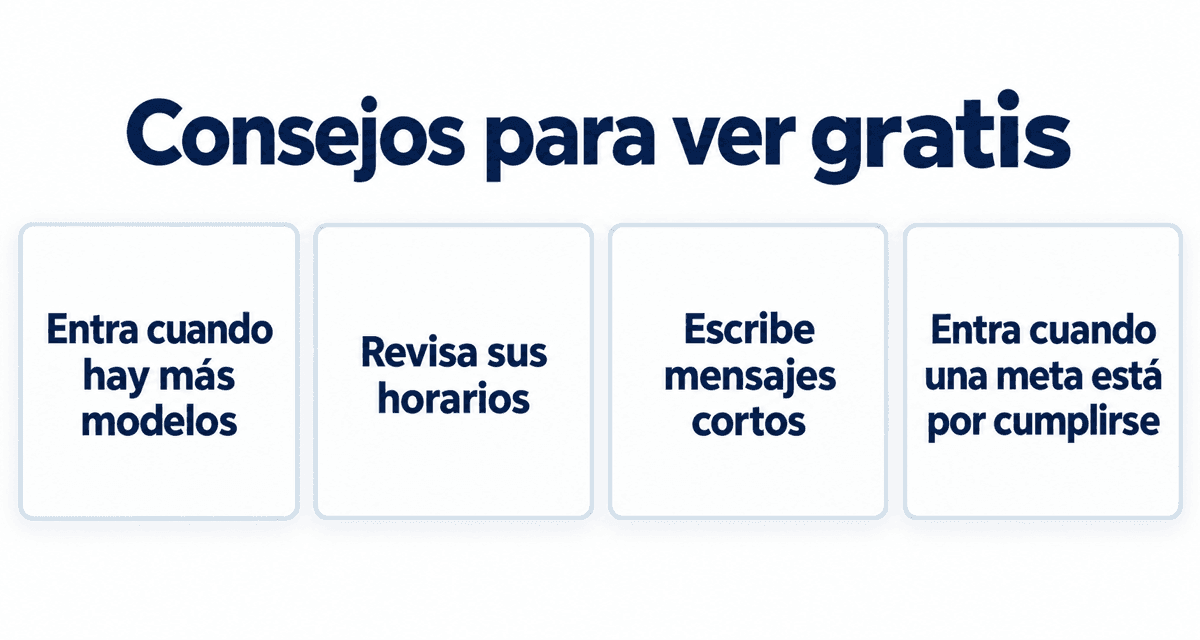 Consejos para ver gratis: entra cuando hay más modelos, revisa sus horarios, escribe mensajes cortos y entra cuando una meta está por cumplirse