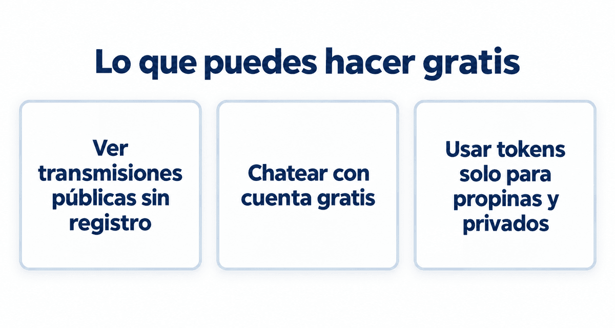Lo que puedes hacer gratis: ver transmisiones públicas sin registro, chatear con cuenta gratis y usar tokens solo para propinas y privados
