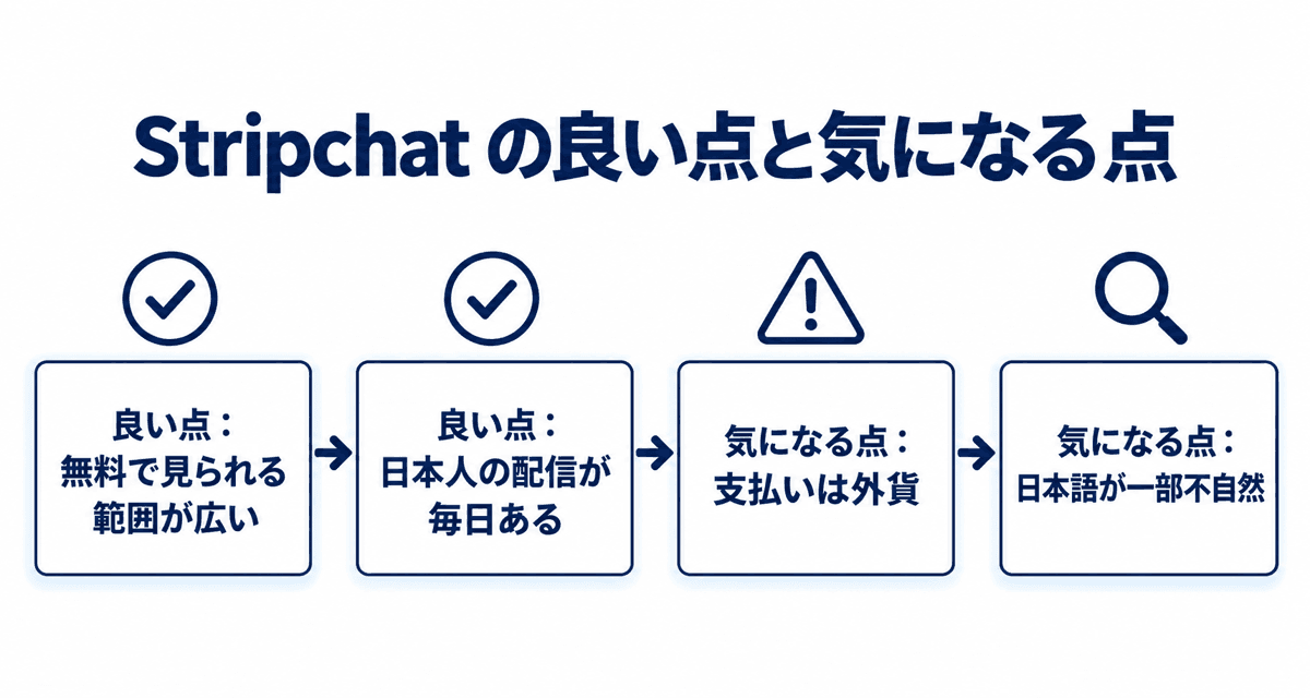 Stripchat の良い点（無料で見られる範囲が広い・日本人の配信が毎日ある）と気になる点（支払いは外貨・日本語が一部不自然）
