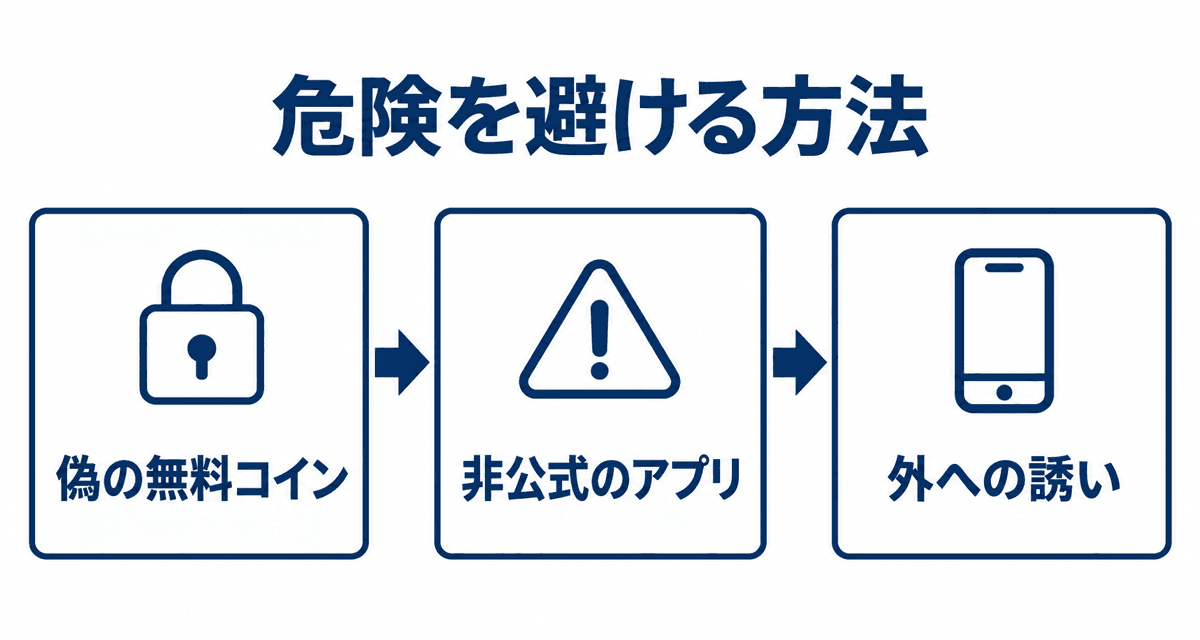 危険を避ける方法：偽の無料コイン、非公式のアプリ、外への誘い