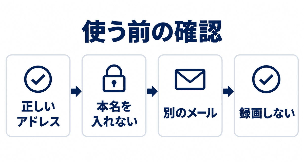使う前の確認：正しいアドレス、本名を入れない、別のメール、録画しない