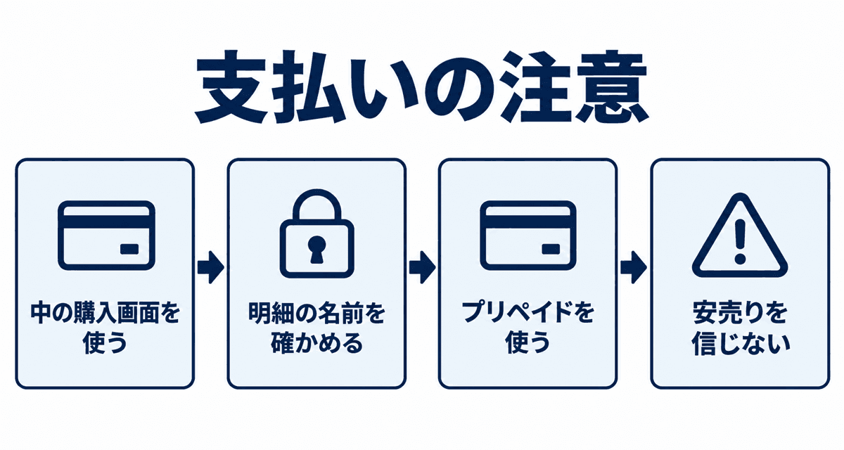 支払いの注意：中の購入画面を使う、明細の名前を確かめる、プリペイドを使う、安売りを信じない