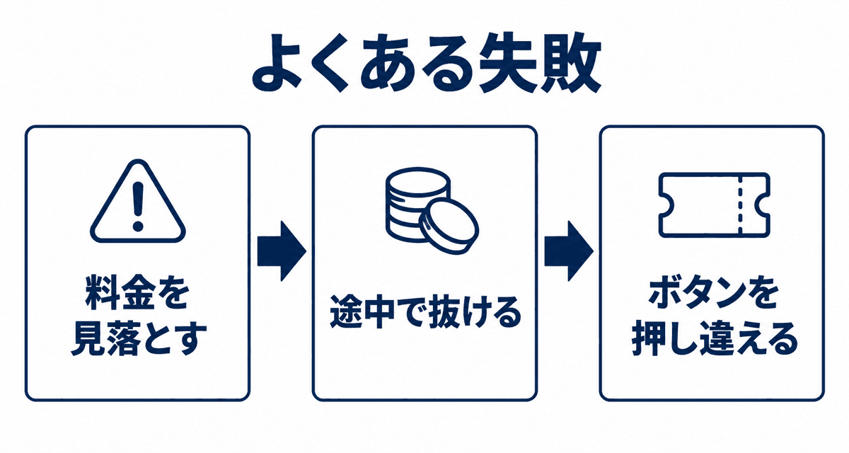 よくある失敗：料金を見落とす、途中で抜ける、ボタンを押し違える