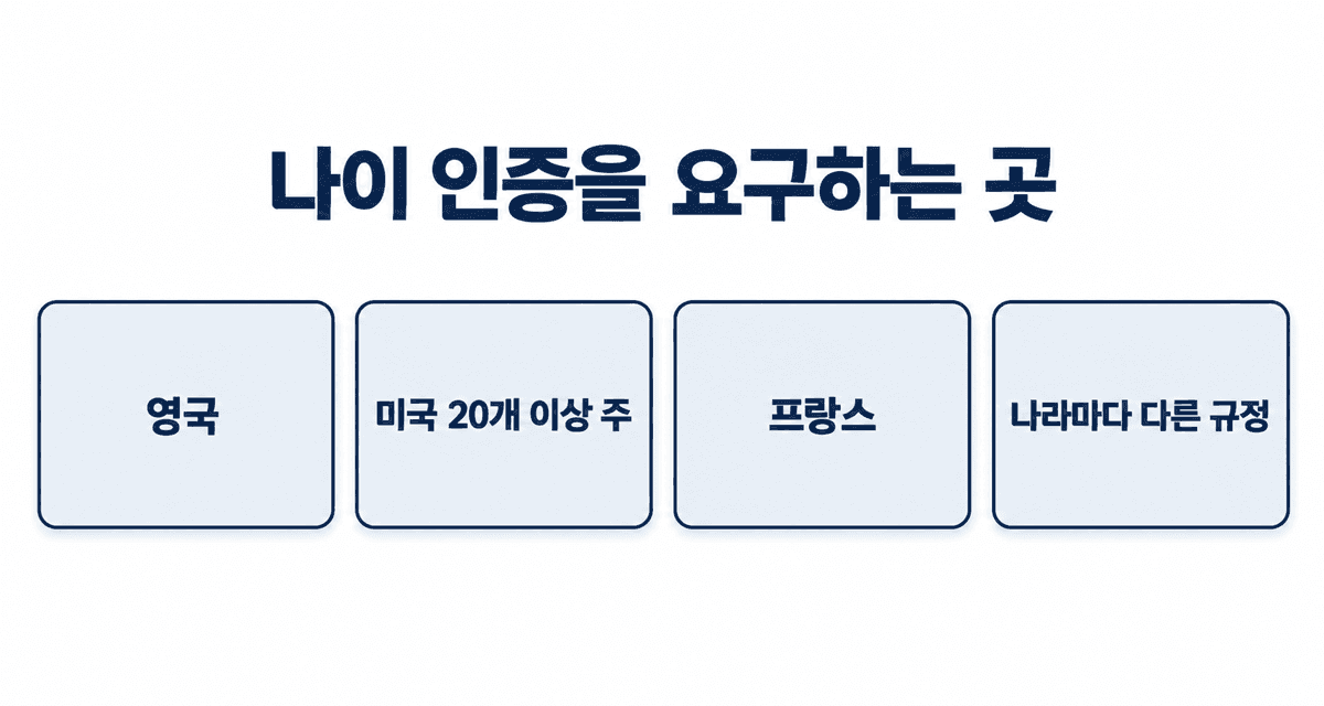 나이 인증을 요구할 수 있는 곳: 영국, 미국의 20개 이상 주, 프랑스, 나라마다 다른 규정