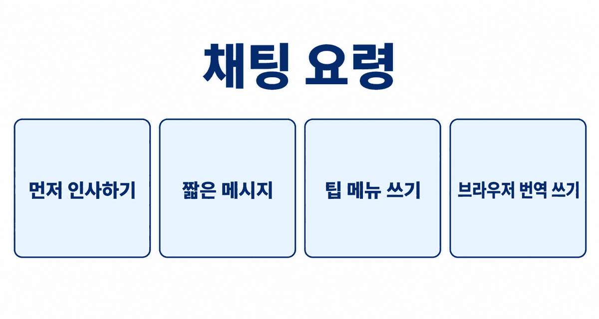 채팅 요령: 먼저 인사하기, 짧은 메시지, 팁 메뉴 쓰기, 브라우저 번역 쓰기
